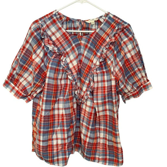 🔹5/$25🔹 Terra & Sky Red Blue Plaid Ruffle Woven Short Sleeve Top 0X (14W) - Picture 2 of 13
